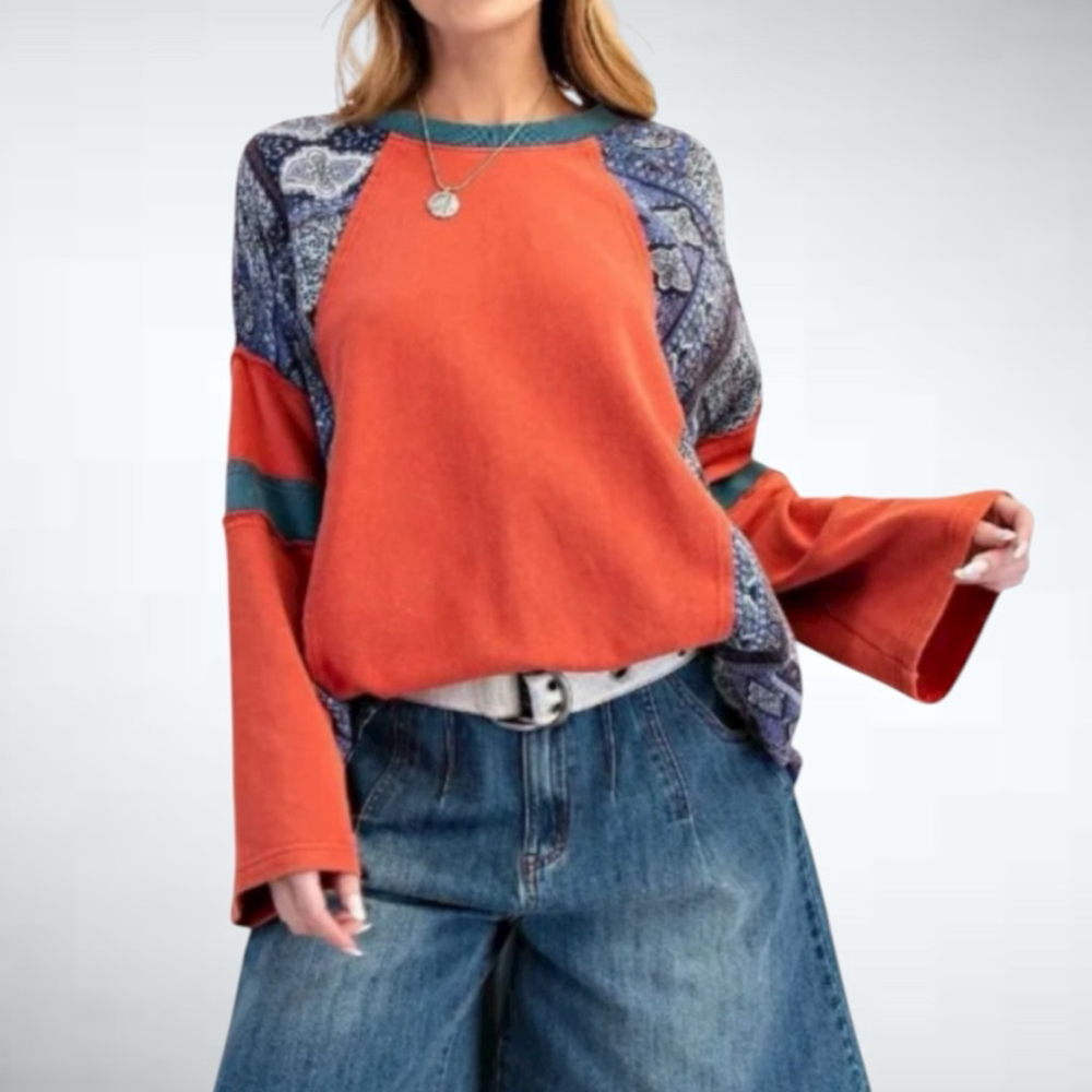 Size S Easel Mixed Print Paisley Jersey Top in Boho Red - Picture 2 of 8